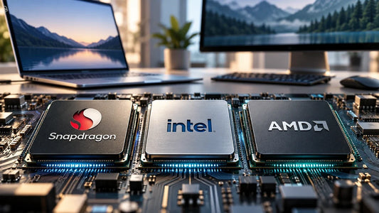 Conceptual Snapdragon, Intel and AMD processor tiles beside a laptop and desktop workstation