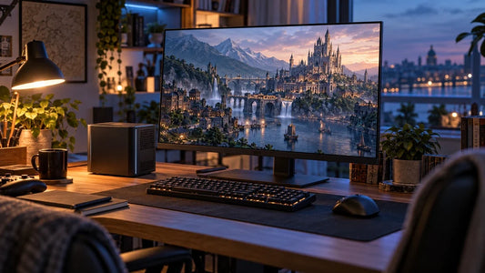 FSR 4.1 AMD Mini PC Guide cover featuring blue light trails between a compact PC and a monitor displaying a futuristic coastal city.
