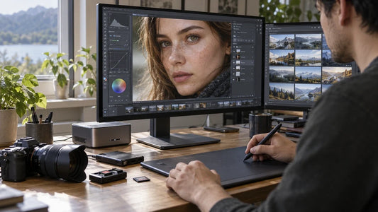 Photographer using a pen tablet to retouch a portrait, with a mini PC and a second monitor displaying landscape thumbnails