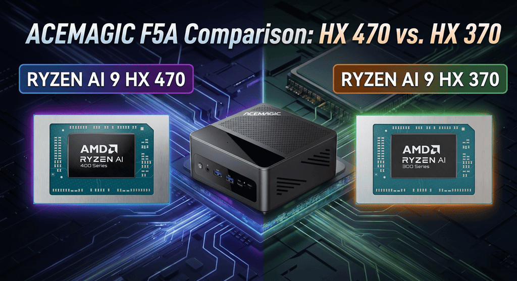 mamakumaページ ACEMAGIC F5A AI Mini PC: HX 470 vs HX 370 Specs Compared