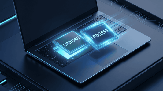 A sleek modern laptop with glowing LPDDR5 and LPDDR5X memory chips hovering above it