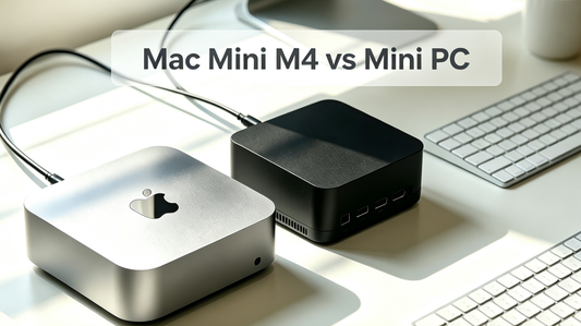 Mac Mini M4 vs Windows Mini PC side-by-side product photo, compact desktop comparison on minimalist office desk