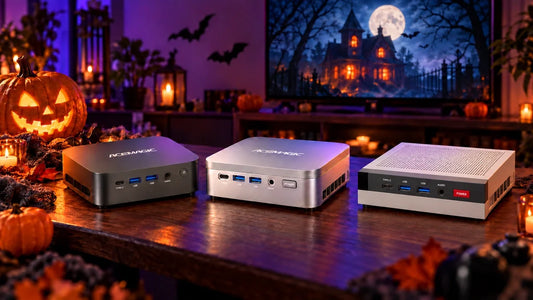 ACEMAGIC K1, K5 and X5 mini PCs on a wooden table with Halloween pumpkins, purple lighting and a spooky movie on TV.