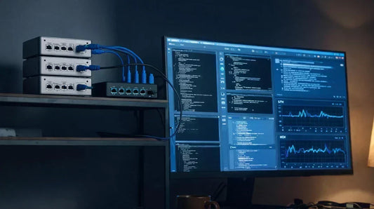 Three Mini PCs on a dark wooden desk connected by Ethernet cables to a network switch
