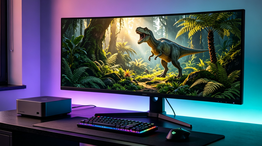 PC gamer ark gaming setup featuring compact mini PC, ultrawide monitor displaying Ark Survival Ascended prehistoric dinosaur landscape with cinematic RGB lighting