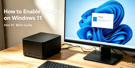 Realistic home office setup with silver mini PC and monitor showing BIOS screen, tutorial for how to enable TPM 2.0 on Windows 11  