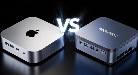 M6 vs ACEMAGIC M5 mini PC face-off cover thumbnail, silver aluminum M6 on left, dark gray ACEMAGIC M5 on right, glowing VS effect in center, dark stage social media tech review style