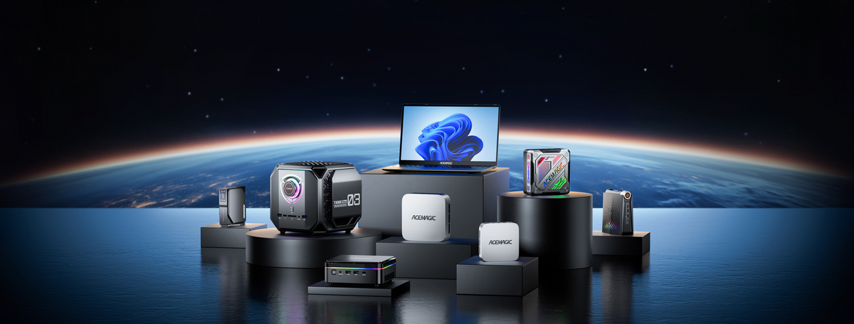 Full lineup of ACEMAGIC mini PCs and laptop displayed on pedestals against space and Earth backdrop, compact high-performance computers