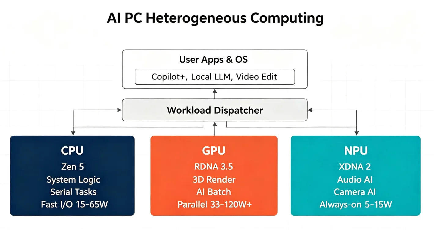 Heterogeneous computing block diagram, workload dispatcher distributes tasks to Zen5 CPU, RDNA3.5 GPU and XDNA2 neural engine