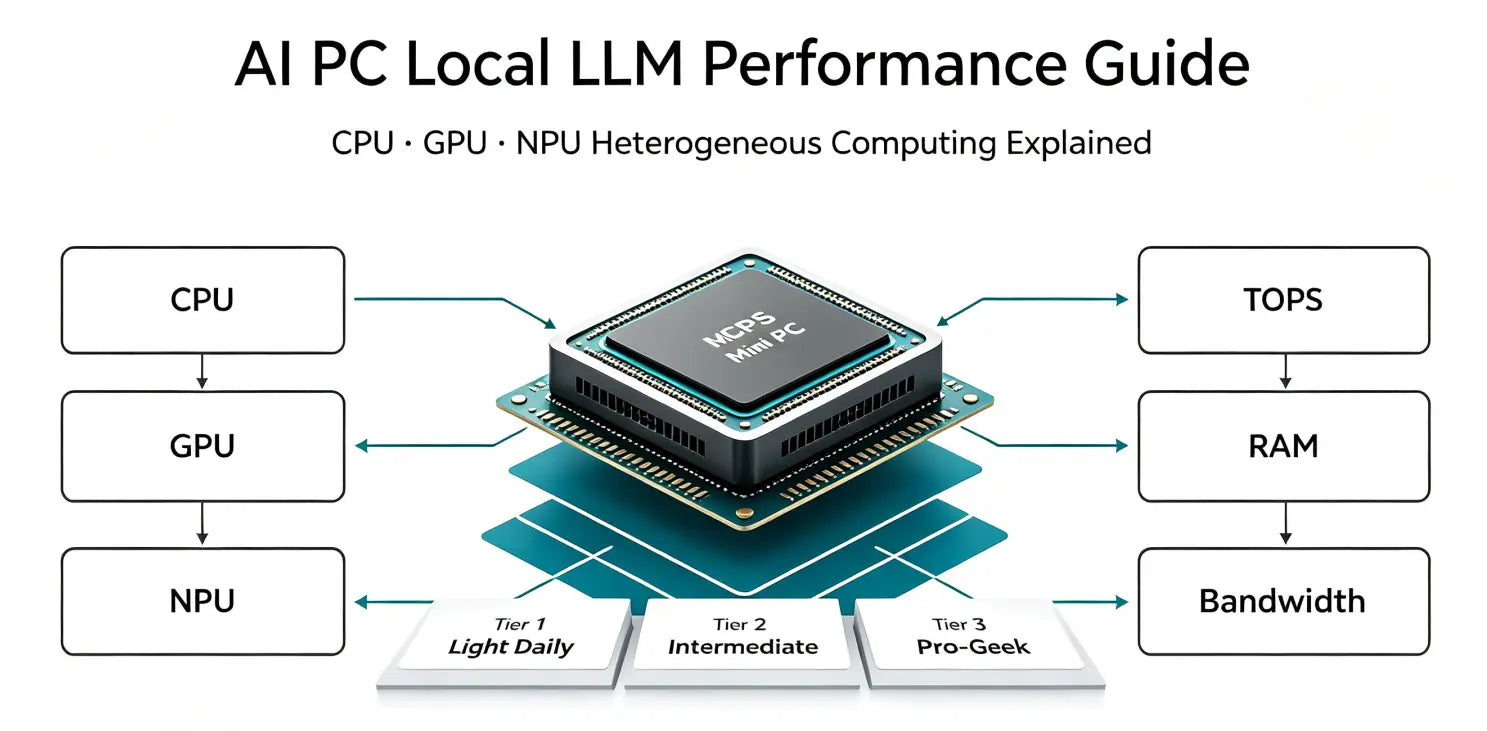 Local LLM performance guide diagram, CPU GPU neural processor heterogeneous computing and hardware tier overview