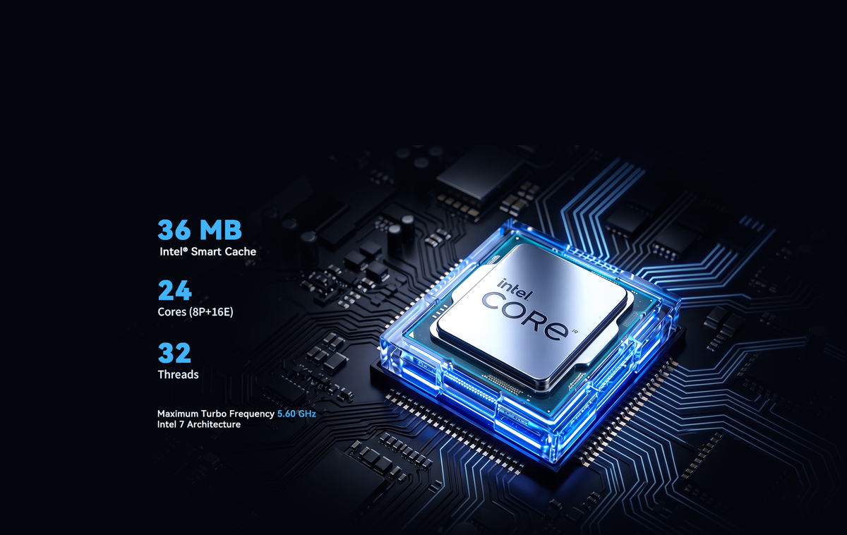 Intel Core CPU specs for mini workstation: 24 cores 32 threads, 5.6GHz turbo, 36MB smart cache, Intel 7 architecture