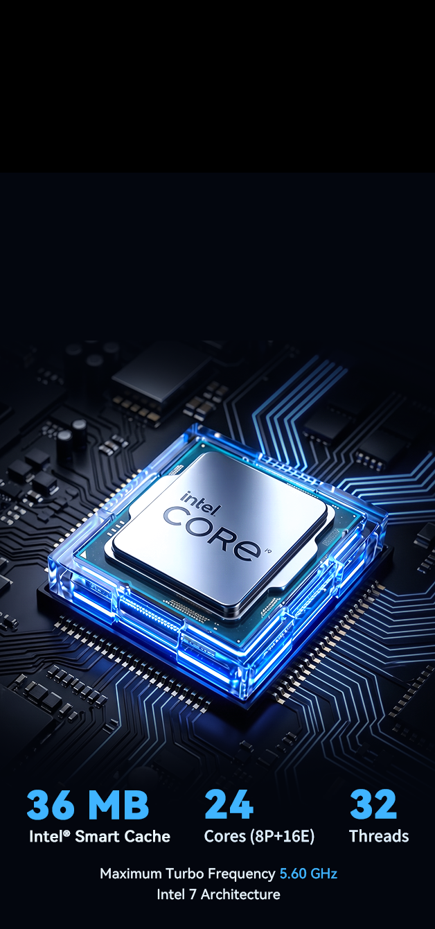 Futuristic Intel Core processor graphic, 24-core 32-thread, 5.6GHz max boost, 36MB cache for mini PC workstation